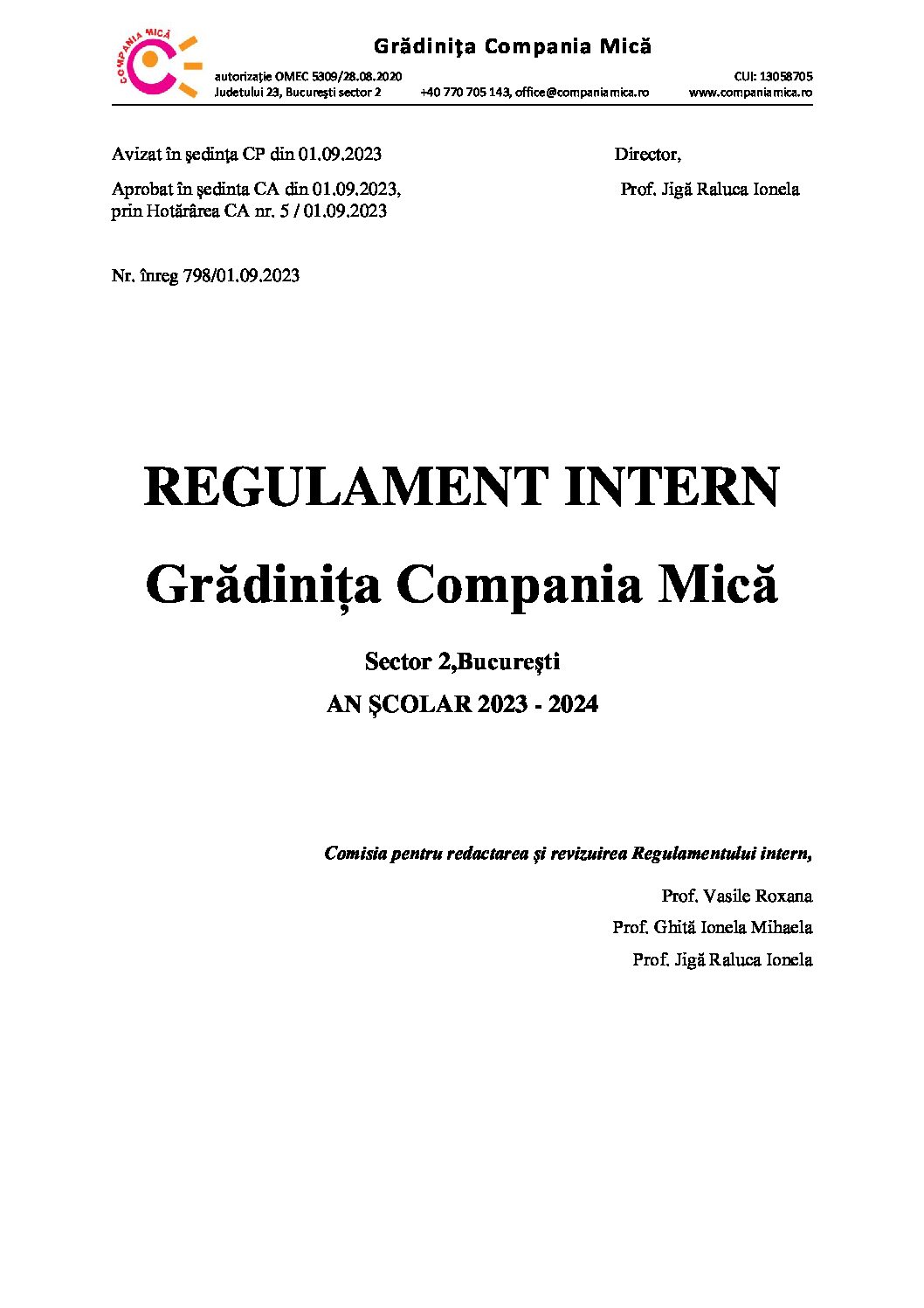 Regulament intern 2023 2024 Grădiniţă în Sector 2